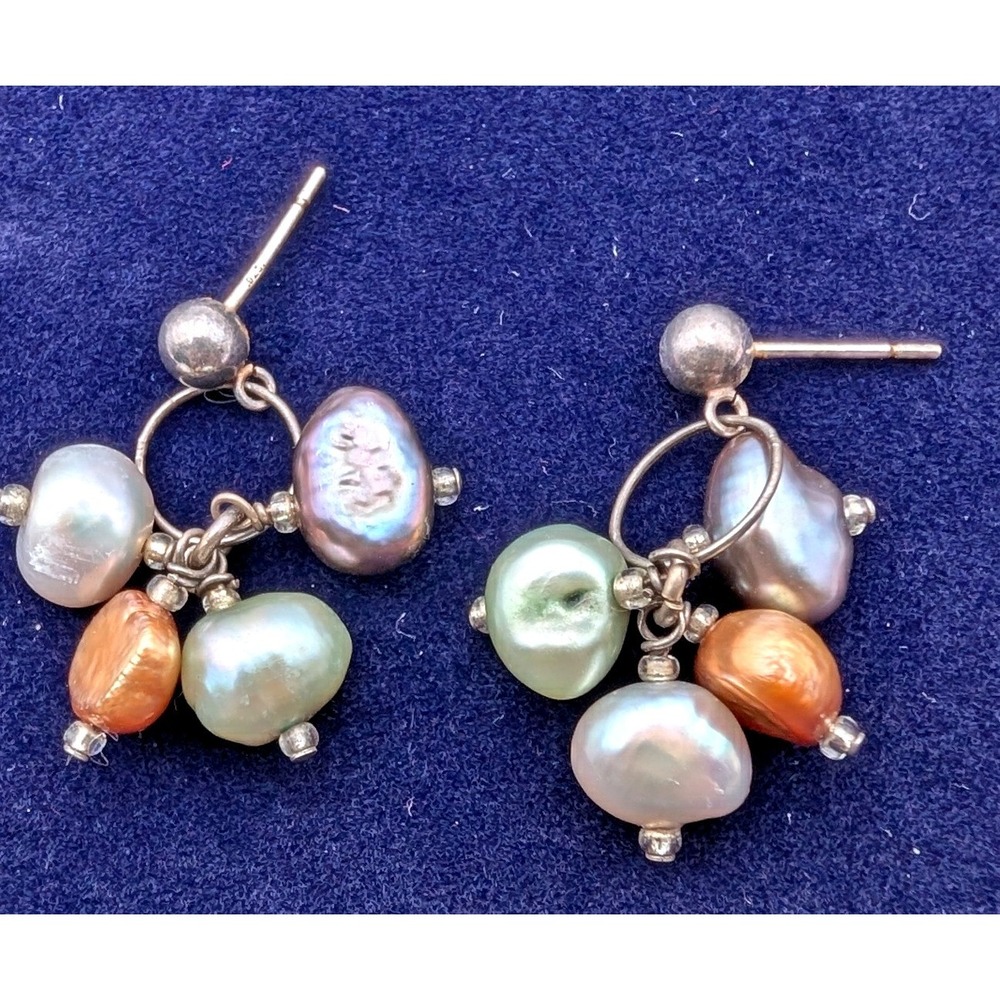 Sterling Silver Freshwater Pearl Cluster Drop Earrings Pastel Multi Tone Boho - Picture 2 of 4